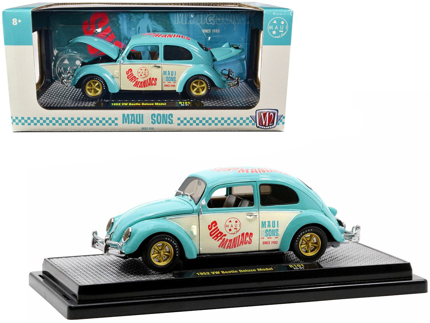 1952 Volkswagen Beetle Deluxe Model Light Blue and Wimbledon White “Maui & Sons” Limited Edition to 3850 pieces Worldwide 1/24 Diecast Model Car by M2 Machines  free shipping USA