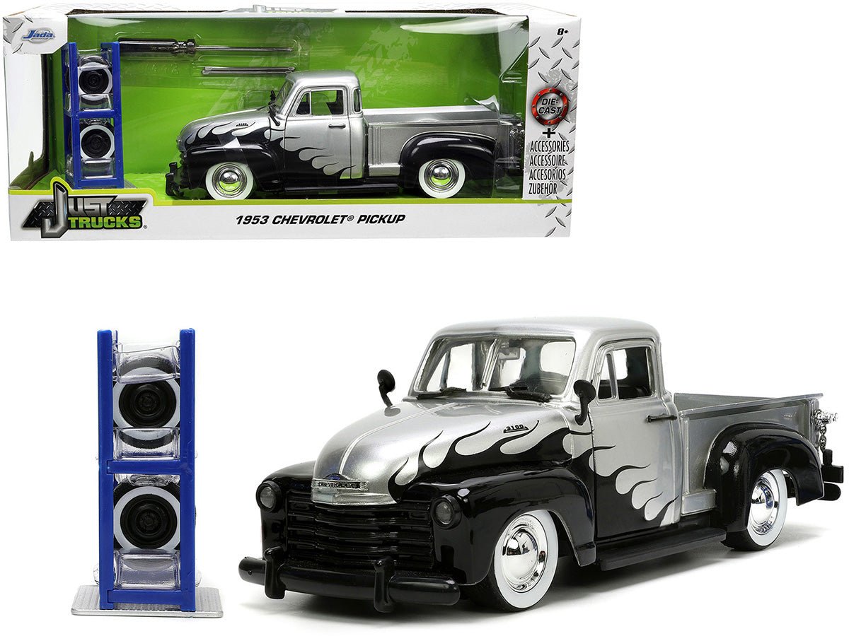 1953 Chevrolet 3100 Pickup Truck Silver Metallic with Black Flames with Extra Wheels "Just Trucks" Series 1/24 Diecast Model Car by Jada  free shipping USA