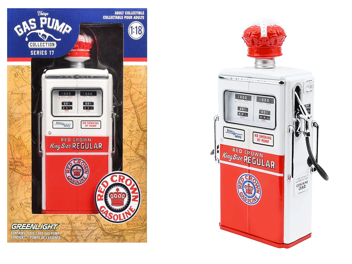 1954 Tokheim 350 Twin Gas Pump "Red Crown Gasoline" White and Red "Vintage Gas Pumps" Series 17 1/18 Diecast Replica by Greenlight  free shipping USA