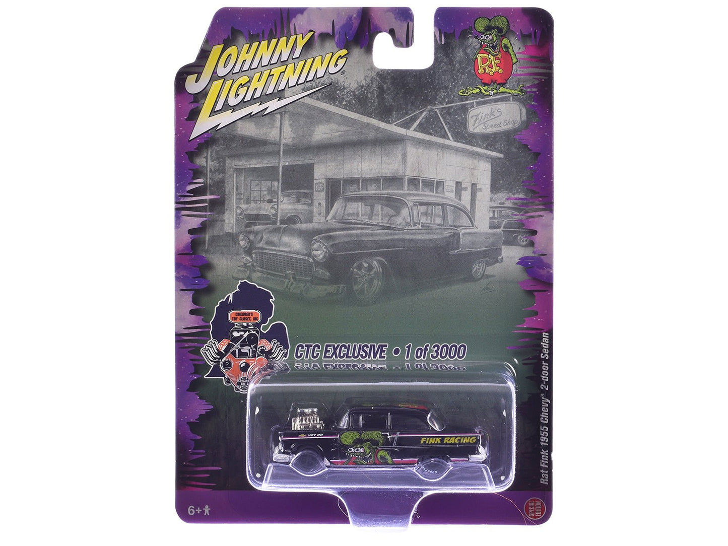 1955 Chevrolet 2-Door Sedan "Rat Fink Racing" Black with Graphics "CTC Exclusive" Series Limited Edition to 3000 pieces Worldwide 1/64 Diecast Model Car by Johnny Lightning  free shipping USA
