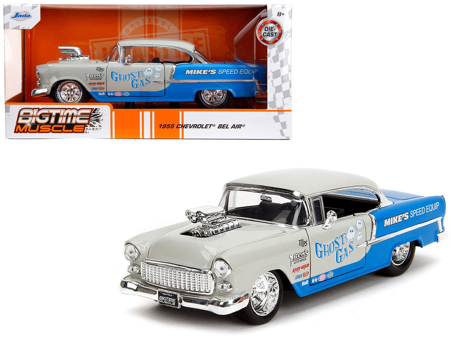 1955 Chevrolet Bel Air "Ghost Gas - Mike's Speed Equip" Light Gray and Blue "Bigtime Muscle" Series 1/24 Diecast Model Car by Jada  free shipping USA