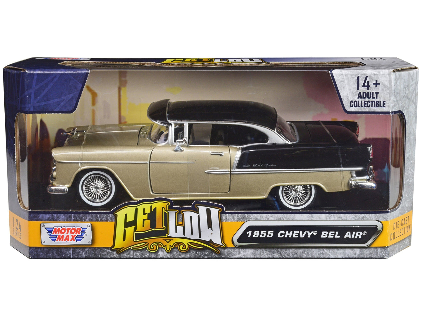 1955 Chevrolet Bel Air Lowrider Hard Top Beige Metallic and Black "Get Low" Series 1/24 Diecast Car Model by Motormax  free shipping USA