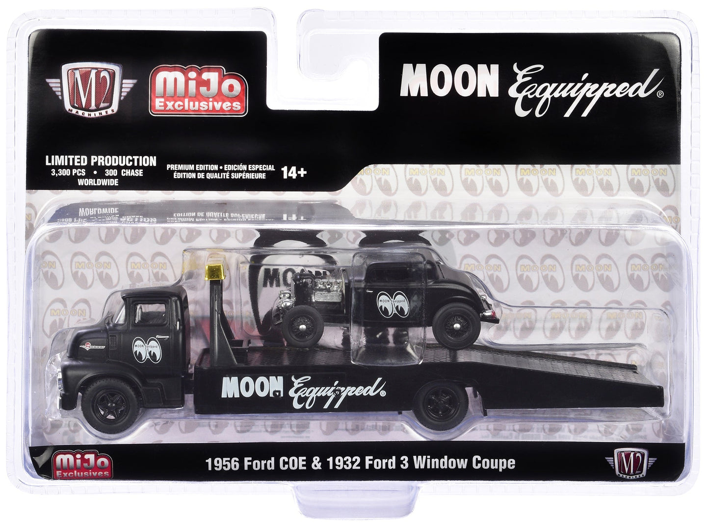 1956 Ford COE Ramp Truck Matt Black and 1932 Ford 3 Window Coupe Matt Black "Mooneyes" Limited Edition to 3300 pieces Worldwide 1/64 Diecast Model by M2 Machines  free shipping USA