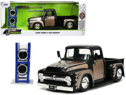 1956 Ford F-100 Pickup Truck Matt Black and Champagne with Flames with Extra Wheels "Just Trucks" Series 1/24 Diecast Model Car by Jada  free shipping USA