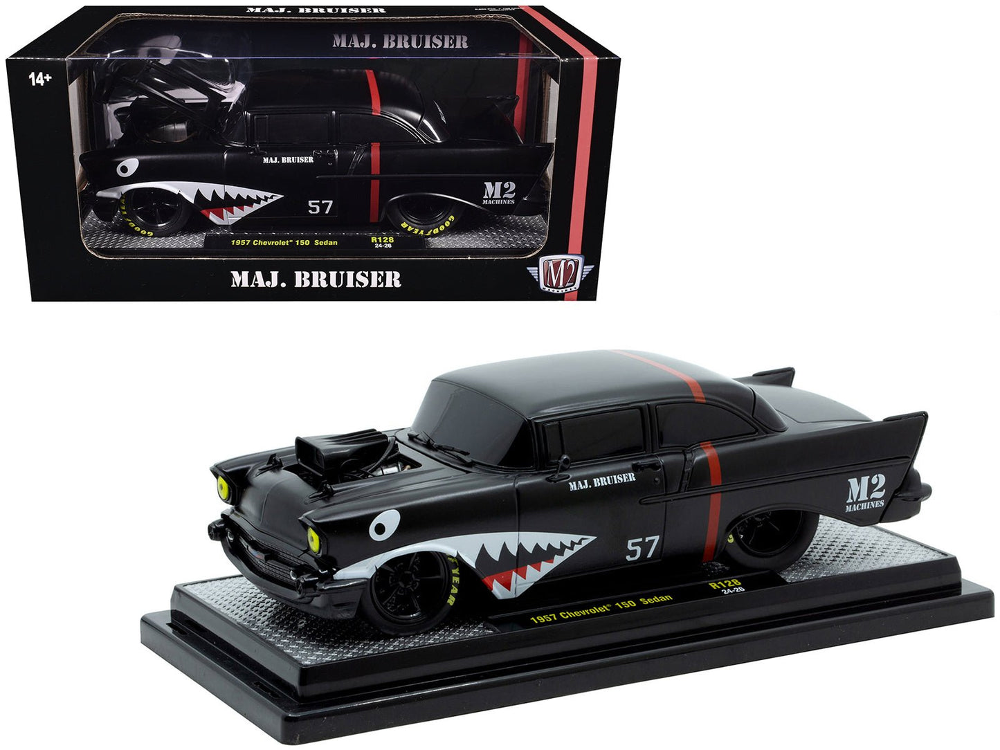 1957 Chevrolet 150 Sedan "Maj. Bruiser" Matt Black with Red Stripe and Shark Mouth Graphics Limited Edition to 6650 pieces Worldwide 1/24 Diecast Model Car by M2 Machines  free shipping USA
