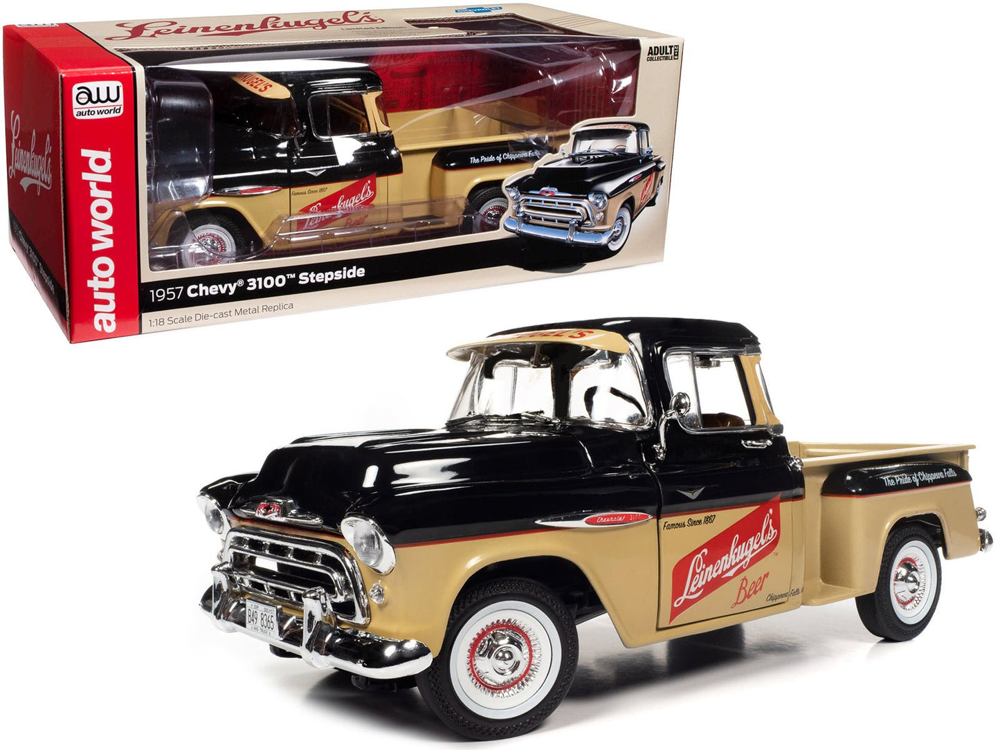 1957 Chevrolet 3100 Stepside Pickup Truck Black and Tan with Graphics "Leinenkugle's Beer The Pride of Chippewa Falls" 1/18 Diecast Model by Auto World  free shipping USA