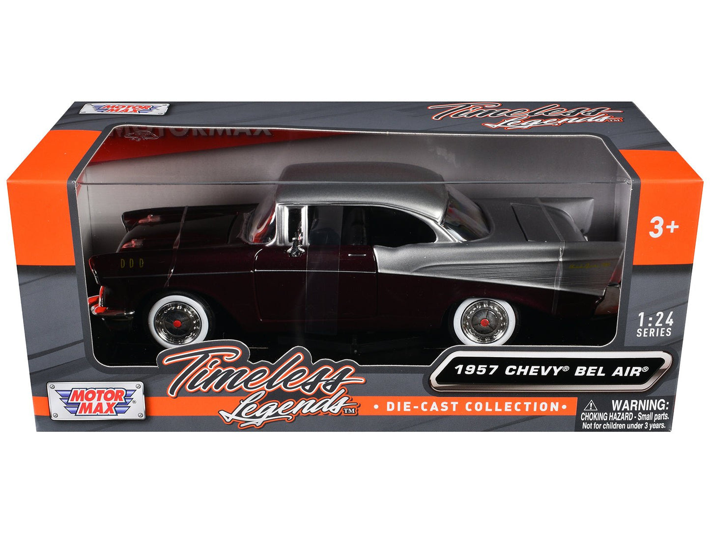 1957 Chevrolet Bel Air Burgundy Metallic and Silver Metallic "Timeless Legends" Series 1/24 Diecast Model Car by Motormax  free shipping USA