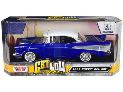 1957 Chevrolet Bel Air Lowrider Candy Blue with White Top "Get Low" Series 1/24 Diecast Model Car by Motormax  free shipping USA