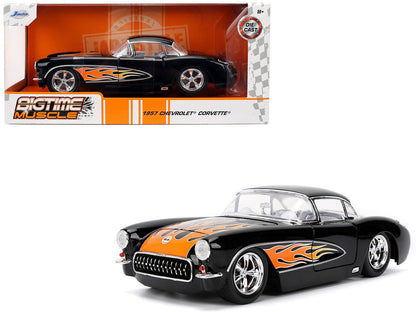 1957 Chevrolet Corvette Black with Flame Graphics and White Interior "Bigtime Muscle" Series 1/24 Diecast Model Car by Jada  free shipping USA