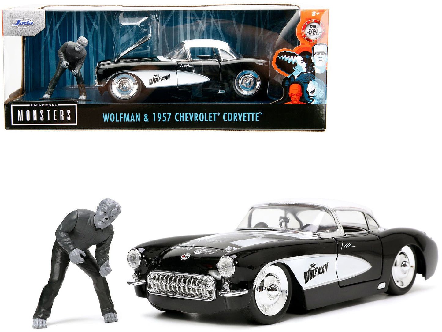 1957 Chevrolet Corvette Black with White Top and Wolfman Diecast Figure "Universal Monsters" "Hollywood Rides" Series 1/24 Diecast Model Car by Jada  free shipping USA