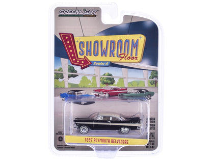 1957 Plymouth Belvedere Jet Black with Sand Dune White Top and Stripes "Showroom Floor" Series 6 1/64 Diecast Model Car by Greenlight  free shipping USA