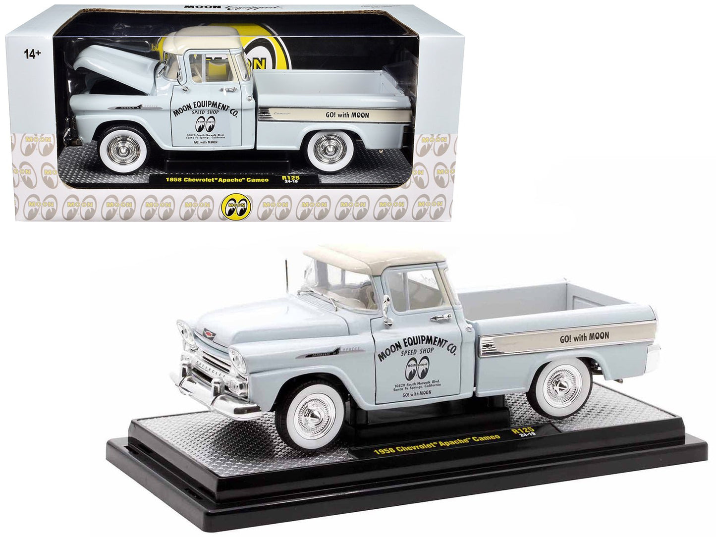 1958 Chevrolet Apache Cameo Pickup Truck "Mooneyes" Light Gray with White Top Limited Edition to 6650 pieces Worldwide 1/24 Diecast Model Car by M2 Machines  free shipping USA