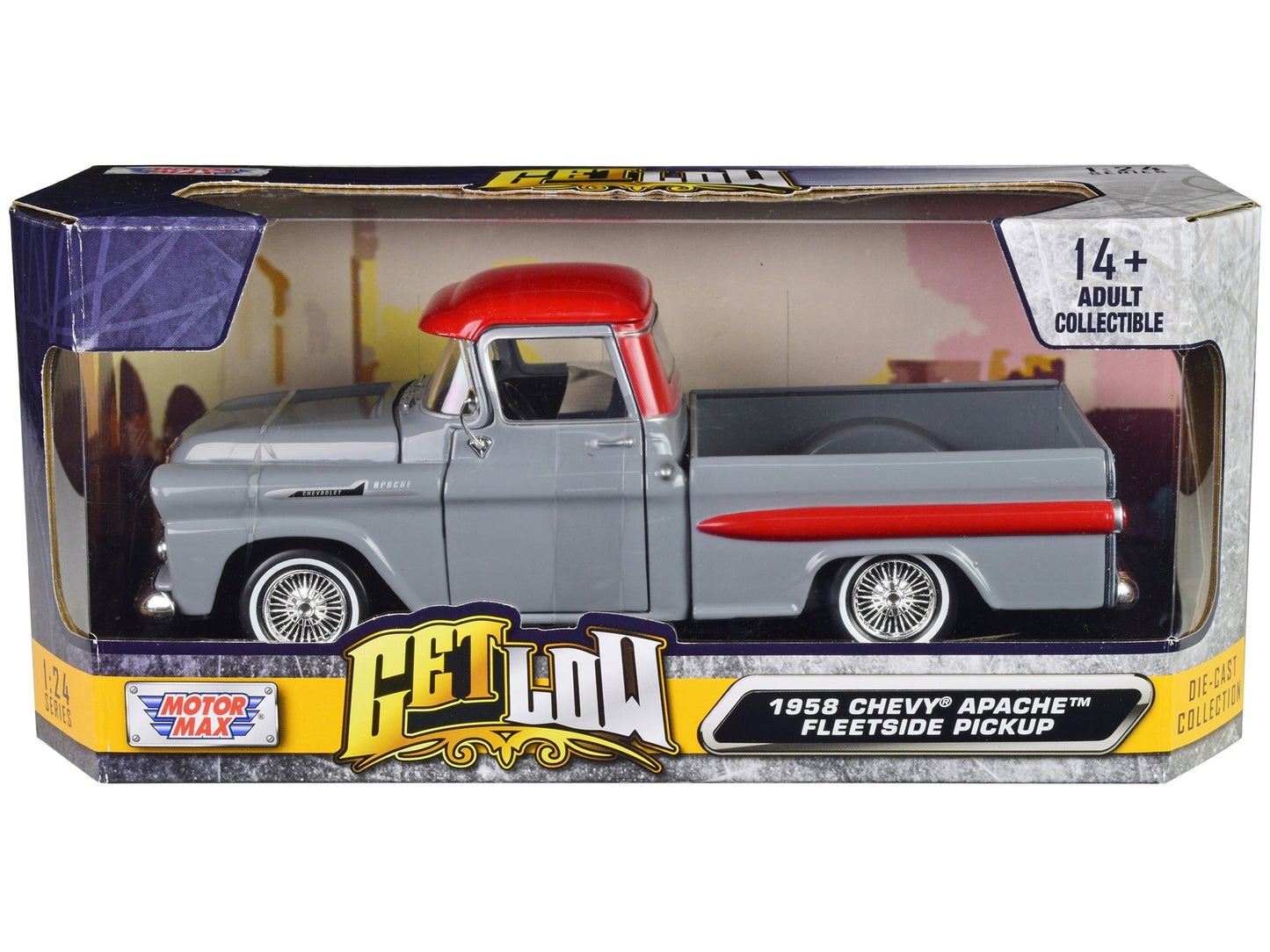 1958 Chevrolet Apache Fleetside Pickup Truck Lowrider Gray with Red Top "Get Low" Series 1/24 Diecast Model Car by Motormax  free shipping USA