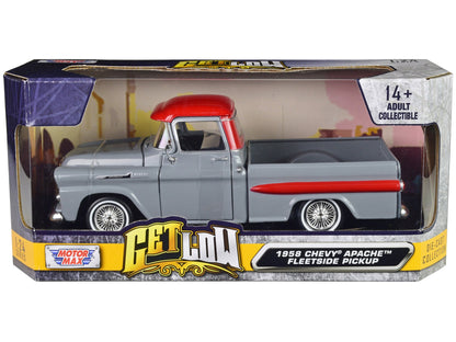 1958 Chevrolet Apache Fleetside Pickup Truck Lowrider Gray with Red Top "Get Low" Series 1/24 Diecast Model Car by Motormax  free shipping USA