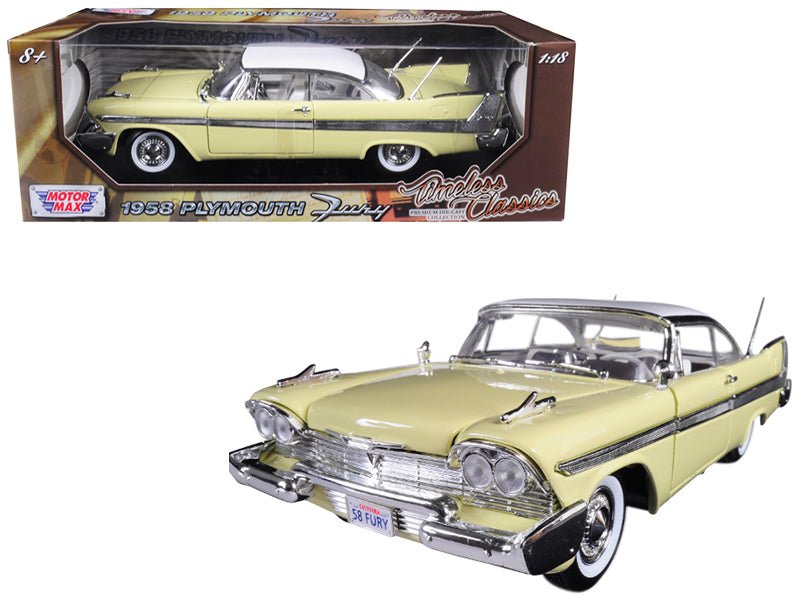 1958 Plymouth Fury "Timeless Classics" Yellow with White Top 1/18 Diecast Model Car by Motormax  free shipping USA