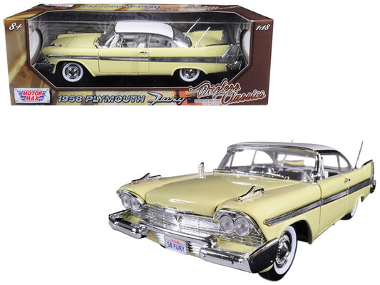 1958 Plymouth Fury "Timeless Classics" Yellow with White Top 1/18 Diecast Model Car by Motormax  free shipping USA