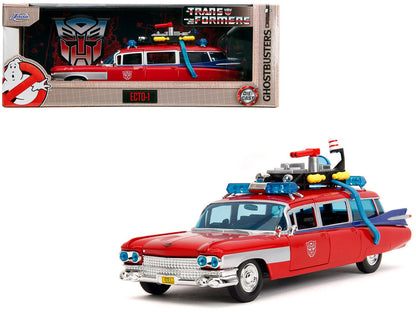 1959 Cadillac Ambulance Ecto-1 Red "Transformers" TV Series - "Ghostbusters" (1984) Movie Crossover "Hollywood Rides" Series 1/24 Diecast Model Car by Jada  free shipping USA
