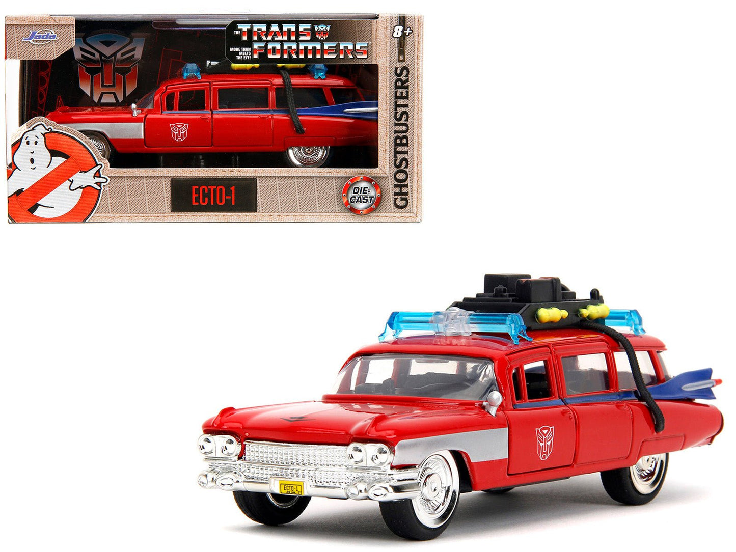 1959 Cadillac Ambulance Ecto-1 Red "Transformers" TV Series - "Ghostbusters" (1984) Movie Crossover "Hollywood Rides" Series 1/32 Diecast Model Car by Jada  free shipping USA