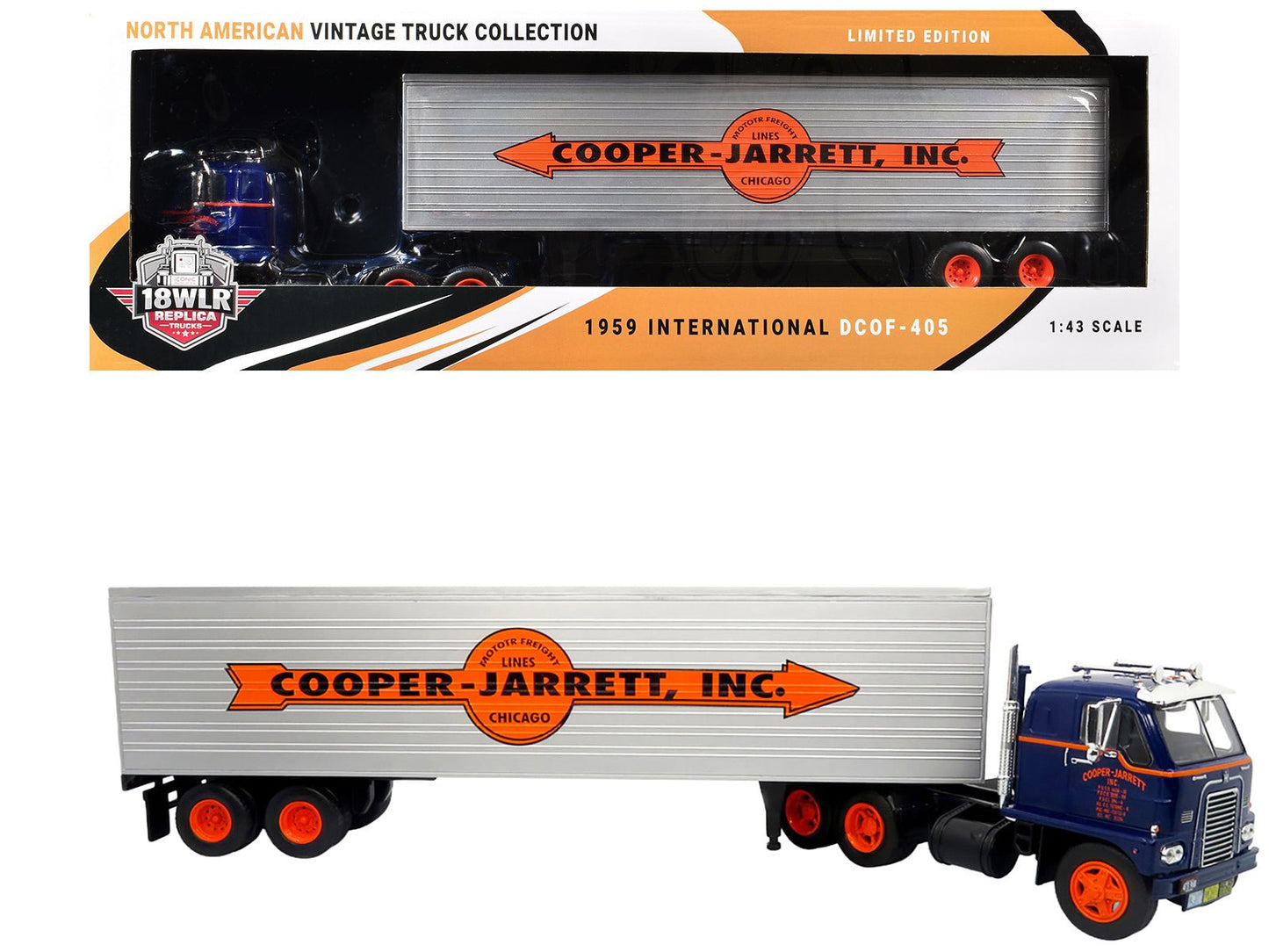1959 International DCOF-405 Truck with Box Trailer "Cooper Jarrett Inc." Dark Blue with Orange Stripes "North American Vintage Truck Collection" 1/43 Diecast Model by Iconic Replicas  free shipping USA