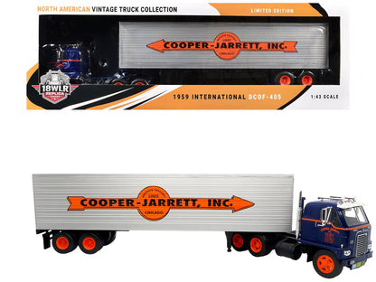 1959 International DCOF-405 Truck with Box Trailer "Cooper Jarrett Inc." Dark Blue with Orange Stripes "North American Vintage Truck Collection" 1/43 Diecast Model by Iconic Replicas  free shipping USA