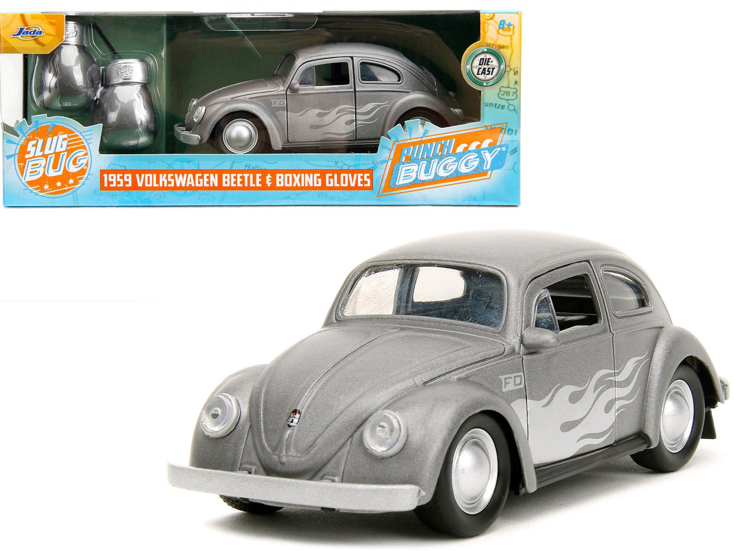 1959 Volkswagen Beetle Gray Metallic with Silver Flames and Boxing Gloves Accessory "Punch Buggy" Series 1/32 Diecast Model Car by Jada  free shipping USA