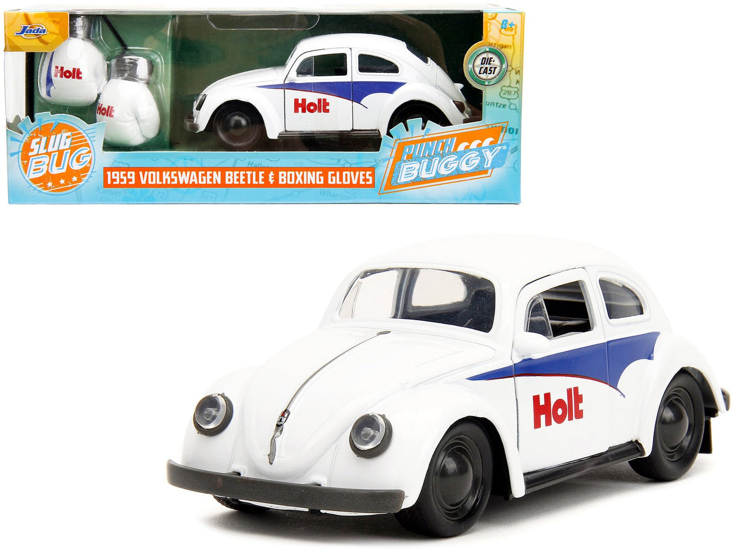 1959 Volkswagen Beetle "Holt" White with Blue Graphics and Boxing Gloves Accessory "Punch Buggy" Series 1/32 Diecast Model Car by Jada  free shipping USA