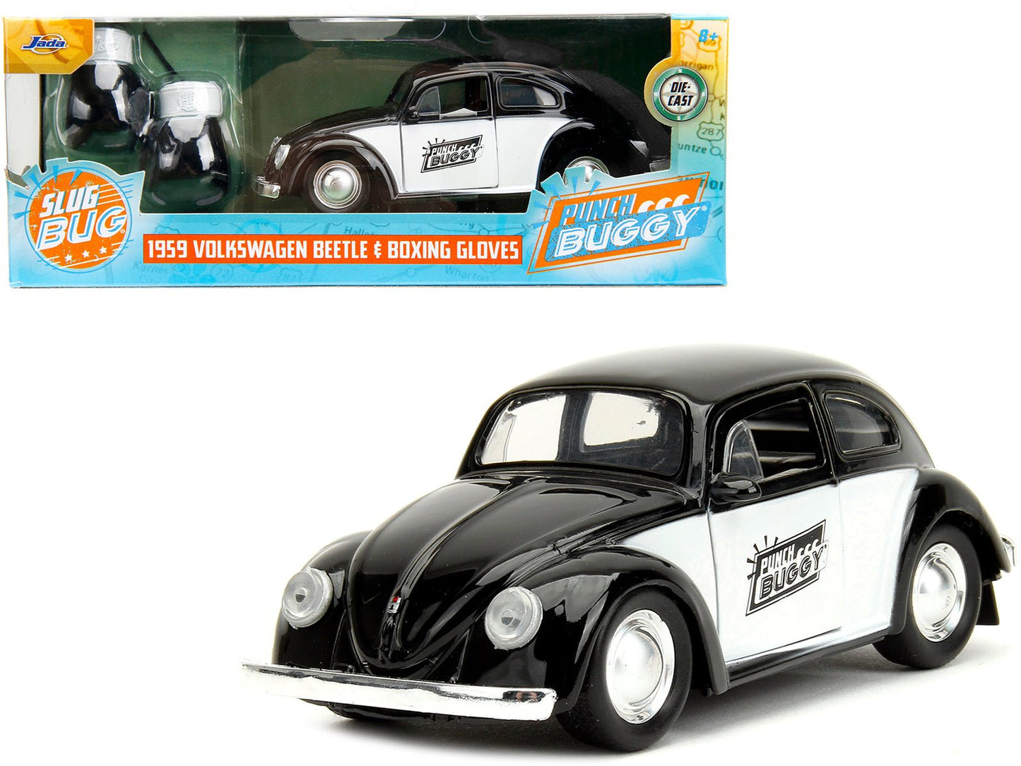 1959 Volkswagen Beetle "Punch Buggy" Black and White and Boxing Gloves Accessory "Punch Buggy" Series 1/32 Diecast Model Car by Jada  free shipping USA