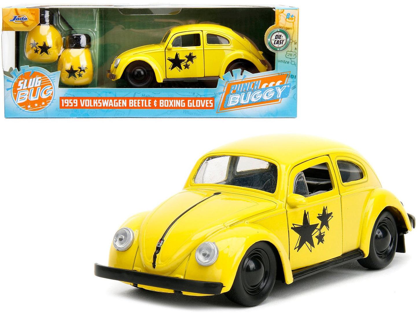 1959 Volkswagen Beetle Yellow with Black Graphics and Boxing Gloves Accessory "Punch Buggy" Series 1/32 Diecast Model Car by Jada  free shipping USA