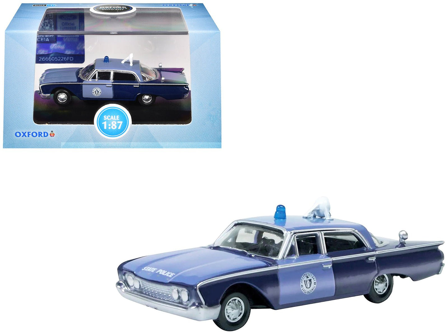 1960 Ford Fairlane Sedan "Massachusetts State Police Radar Car" Blue Two-Tone 1/87 (HO) Scale Diecast Model Car by Oxford Diecast  free shipping USA