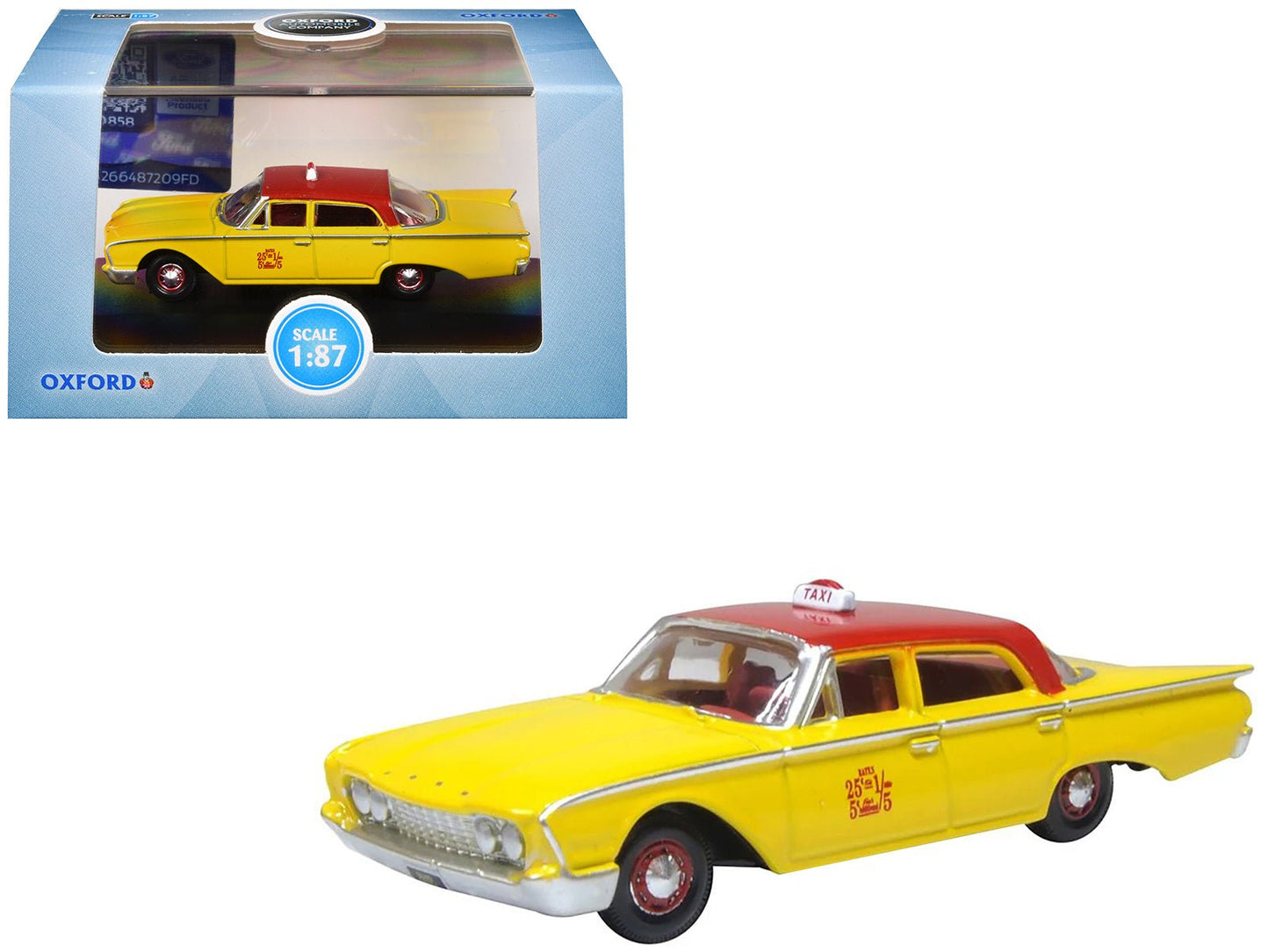 1960 Ford Fairlane Sedan "NYC Taxi" Yellow with Red Top and Interior 1/87 (HO) Scale Diecast Model Car by Oxford Diecast  free shipping USA