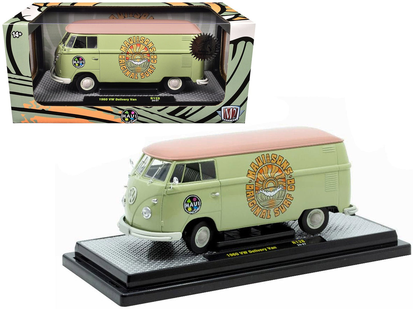 1960 Volkswagen Delivery Van "Maui & Sons" Light Olive Green with Salmon Top Limited Edition to 6650 pieces Worldwide 1/24 Diecast Model Car by M2 Machines  free shipping USA