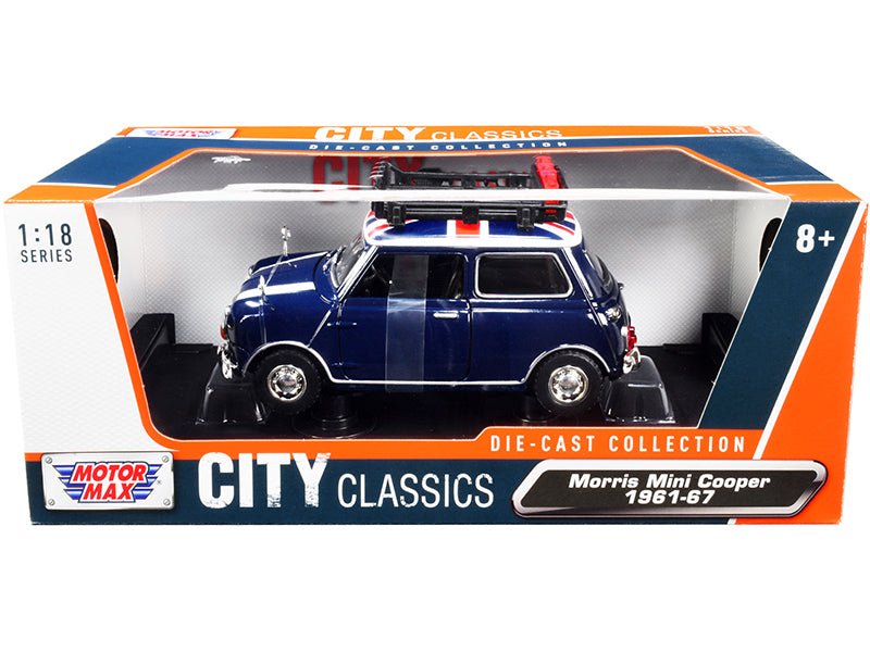 1961-1967 Morris Mini Cooper RHD (Right Hand Drive) Dark Blue with British Flag on the Top and Roof Rack "City Classics" Series 1/18 Diecast Model Car by Motormax  free shipping USA