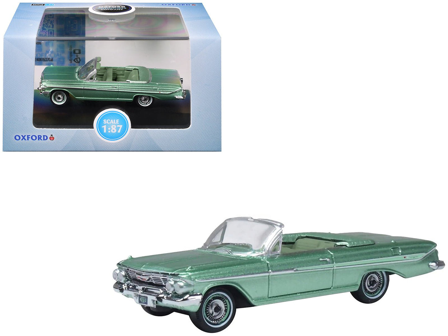 1961 Chevrolet Impala Convertible Arbor Green Metallic with Green Interior 1/87 (HO) Scale Diecast Model Car by Oxford Diecast  free shipping USA
