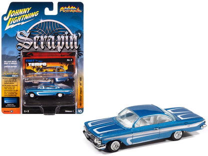 1961 Chevrolet Impala SS 409 Blue Metallic with White Stripes and Interior "Scrapin'" Series 1/64 Diecast Model Car by Johnny Lightning  free shipping USA