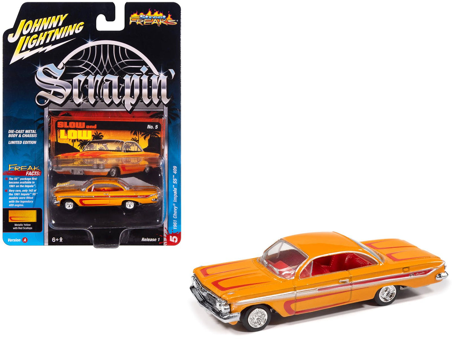 1961 Chevrolet Impala SS 409 Yellow Metallic with Red Stripes and Interior "Scrapin" Series 1/64 Diecast Model Car by Johnny Lightning  free shipping USA