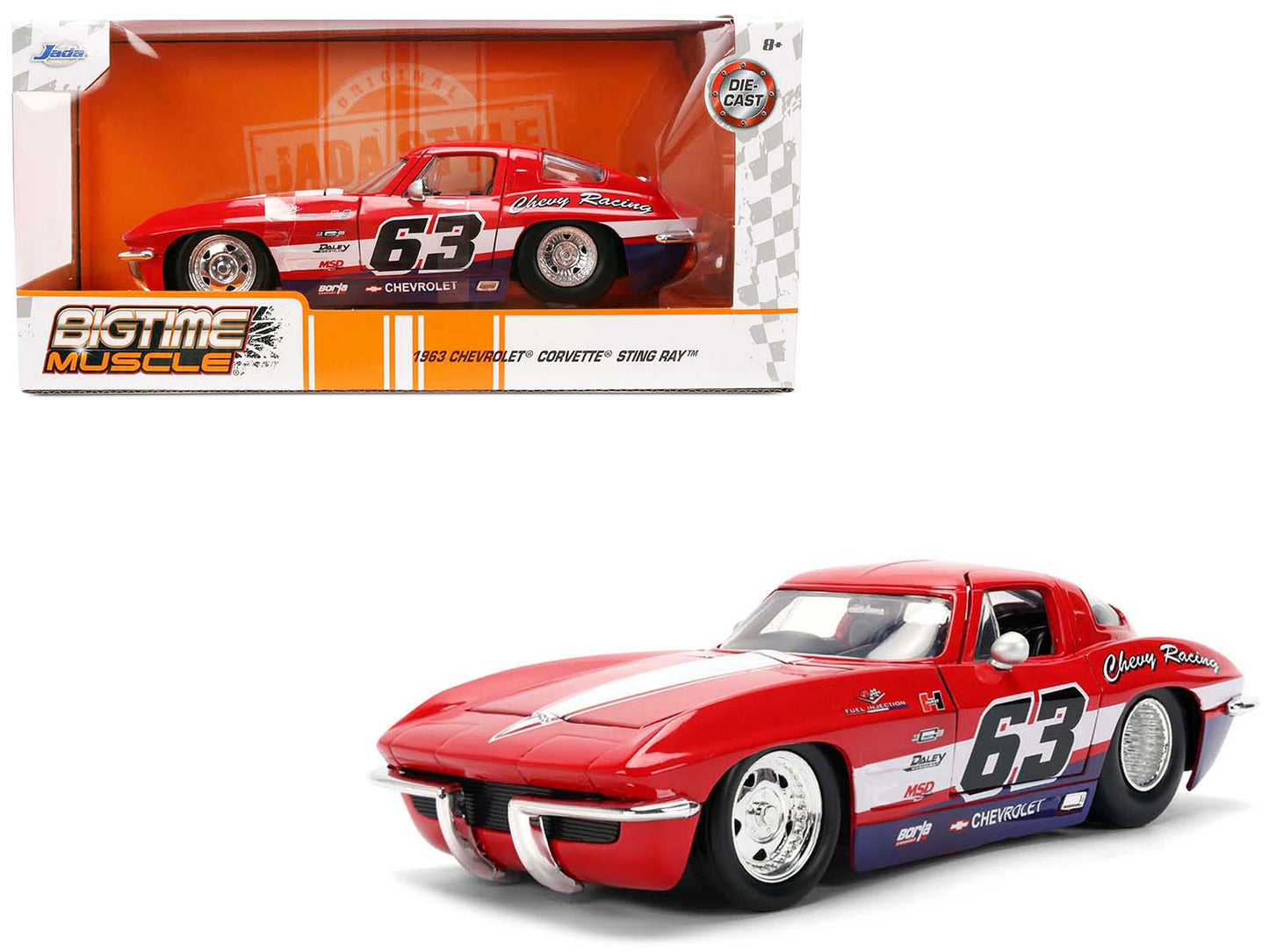 1963 Chevrolet Corvette Stingray #63 "Chevy Racing" Red with White and Blue Stripes "Bigtime Muscle" Series 1/24 Diecast Model Car by Jada  free shipping USA
