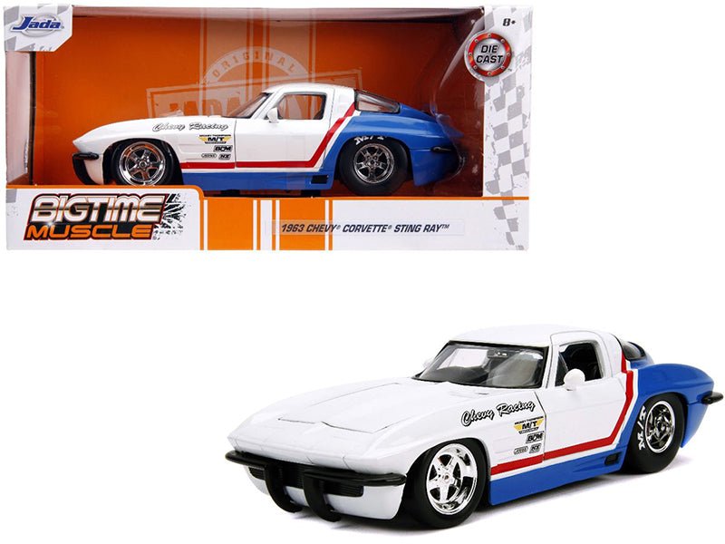 1963 Chevrolet Corvette Stingray White and Blue with Red Stripe "Chevy Racing" "Bigtime Muscle" 1/24 Diecast Model Car by Jada  free shipping USA