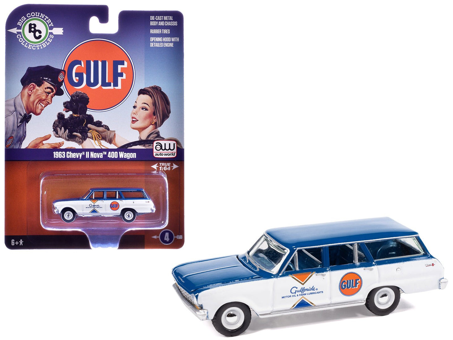 1963 Chevrolet II Nova 400 Wagon "Gulf" Blue and White with Blue Interior "Big Country Collectibles" 2025 Series 1/64 Diecast Model Car by Auto World  free shipping USA