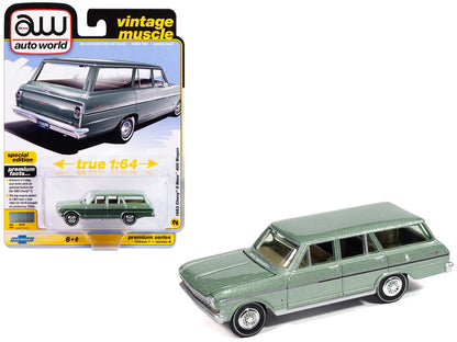 1963 Chevrolet II Nova 400 Wagon Laurel Green Metallic "Vintage Muscle" Series 1/64 Diecast Model Car by Auto World  free shipping USA