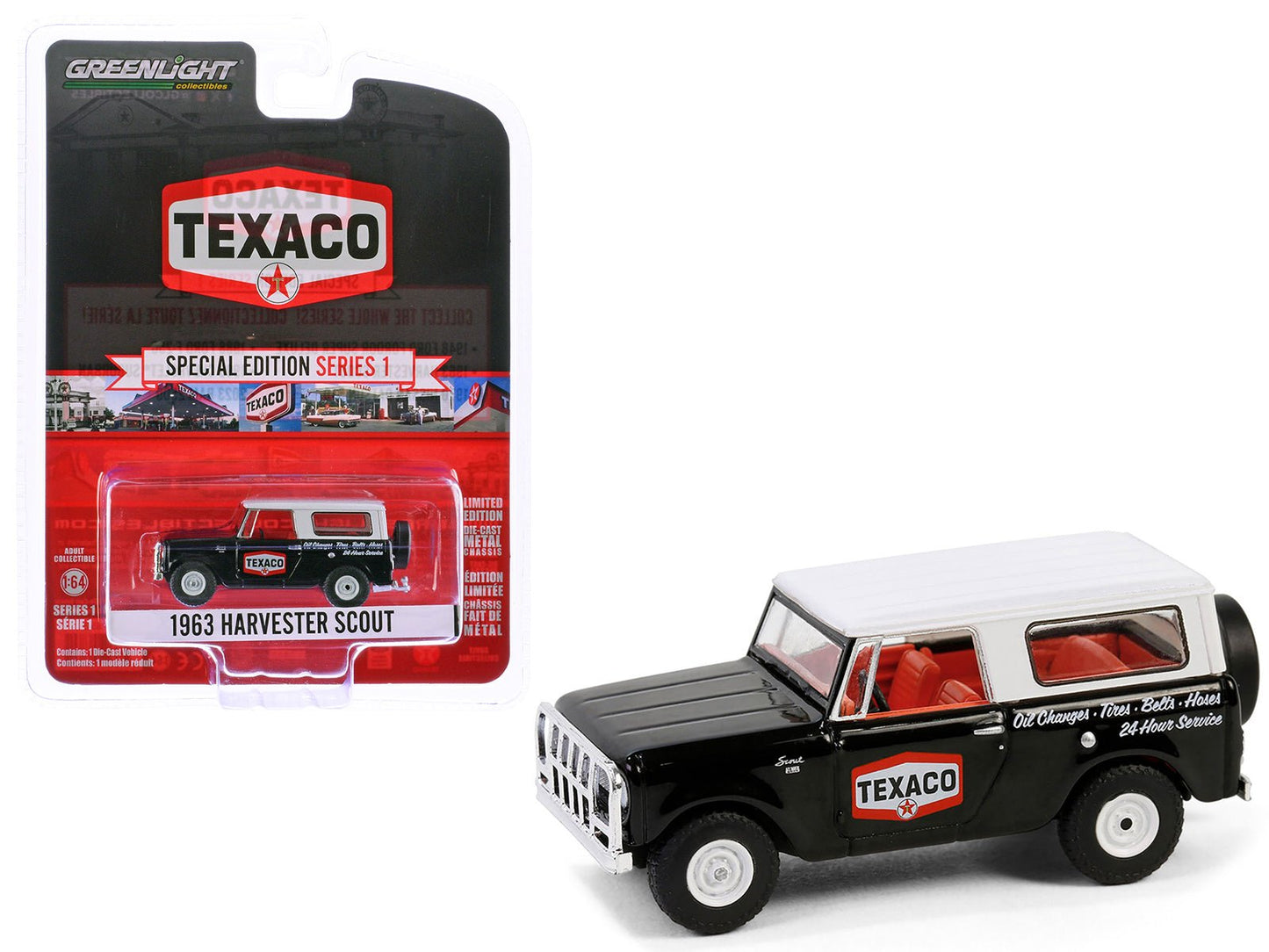 1963 Harvester Scout "Texaco" Black with White Top and Red Interior "Texaco Special Edition" Series 1 1/64 Diecast Model Car by Greenlight  free shipping USA