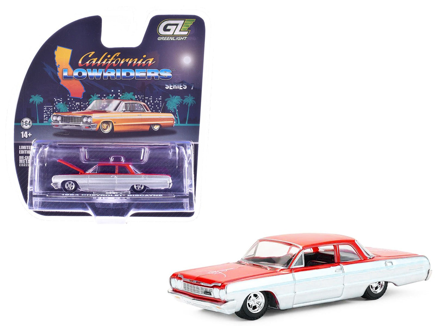 1964 Chevrolet Biscayne Lowrider Silver Metallic and Red Two-Tone "California Lowriders" Series 7 1/64 Diecast Model Car by Greenlight  free shipping USA