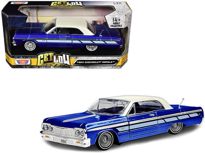 1964 Chevrolet Impala Lowrider Hard Top Candy Blue Metallic with Cream Top "Get Low" Series 1/24 Diecast Model Car by Motormax  free shipping USA