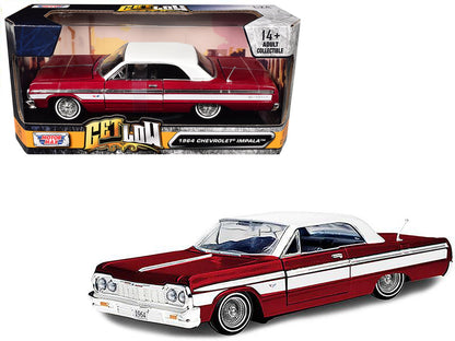 1964 Chevrolet Impala Lowrider Hard Top Candy Red Metallic with White Top "Get Low" Series 1/24 Diecast Model Car by Motormax  free shipping USA