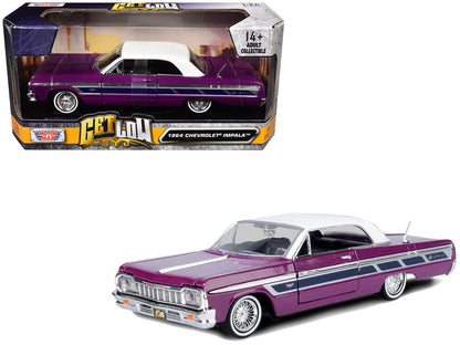 1964 Chevrolet Impala Lowrider Hard Top Purple Metallic with White Top "Get Low" Series 1/24 Diecast Model Car by Motormax  free shipping USA