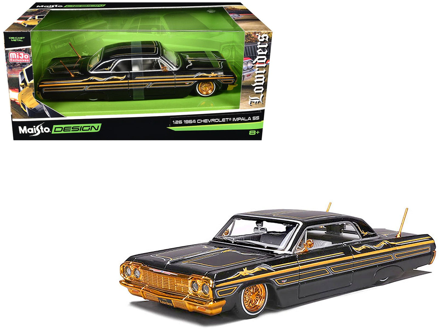 1964 Chevrolet Impala SS Lowrider Black Metallic with Gold Graphics and Gray Interior "Lowriders" "Maisto Design" Series 1/26 Diecast Model Car by Maisto  free shipping USA