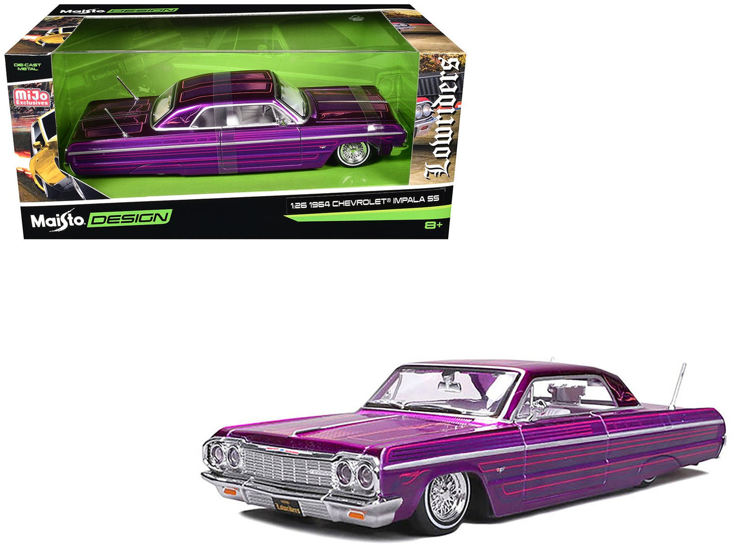 1964 Chevrolet Impala SS Lowrider Candy Purple with Graphics and White Interior "Lowriders" "Maisto Design" Series 1/26 Diecast Model Car by Maisto  free shipping USA