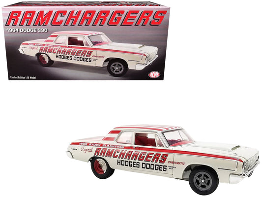 1964 Dodge 330 "Ramchargers" White with Red Graphics and Stripes Limited Edition to 504 pieces Worldwide 1/18 Diecast Model Car by ACME  free shipping USA