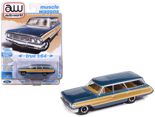 1964 Ford Country Squire Guardsman Blue Metallic with Woodgrain Sides "Muscle Wagons" Series 1/64 Diecast Model Car by Auto World  free shipping USA