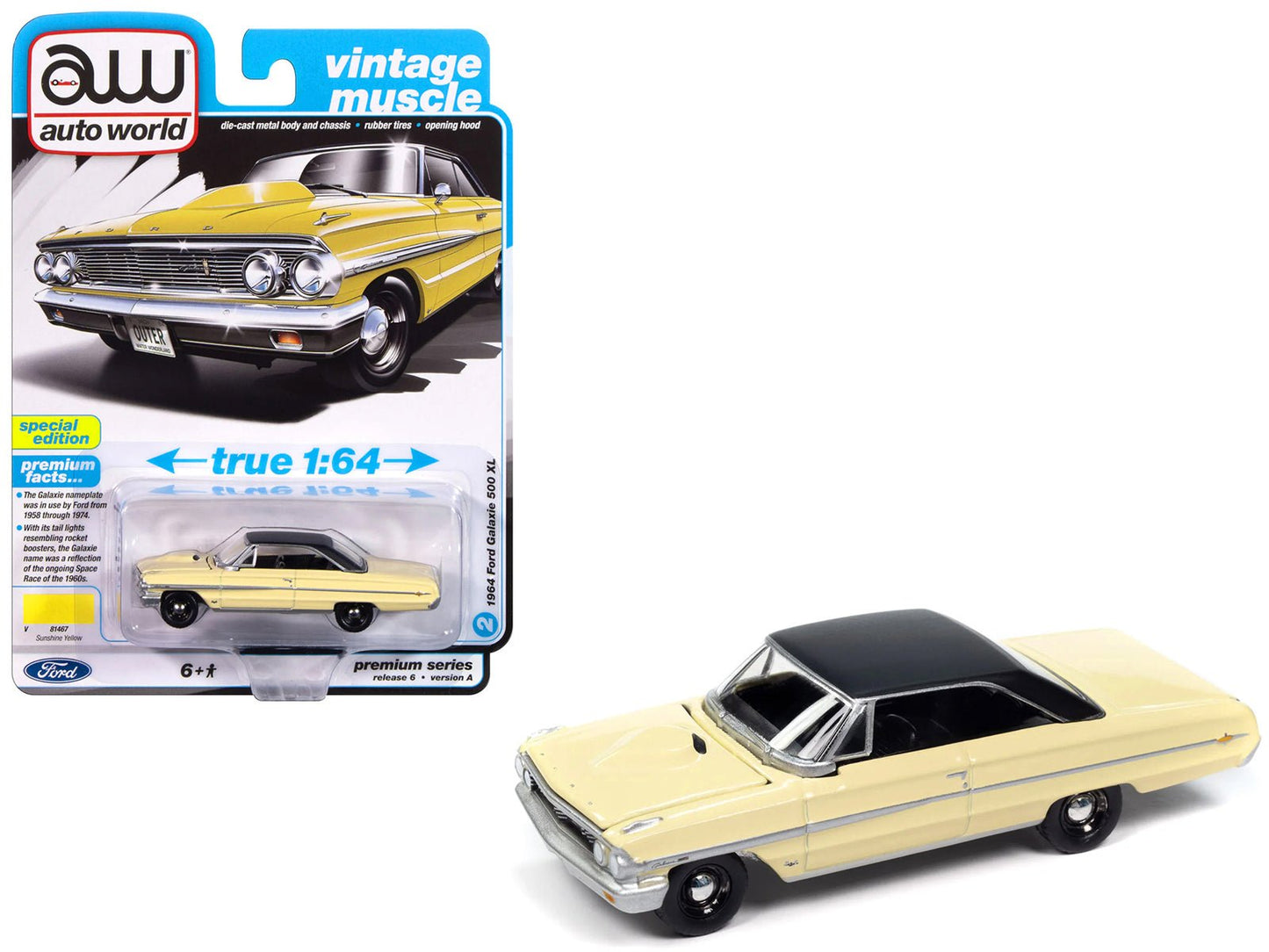 1964 Ford Galaxie 500 XL Sunshine Yellow with Black Top "Vintage Muscle" Series 1/64 Diecast Model Car by Auto World  free shipping USA