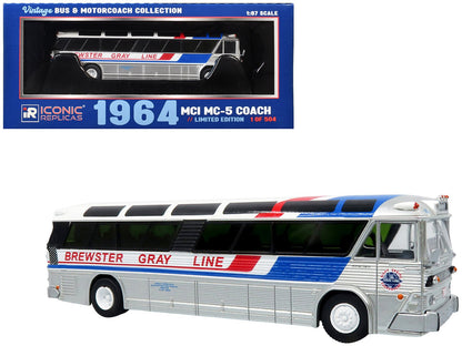 1964 MCI MC-5A Coach Bus "Brewster Gray Line" Silver with Blue and Red Stripes "Vintage Bus & Motorcoach Collection" Limited Edition to 504 pieces Worldwide 1/87 (HO) Diecast Model by Iconic Replicas  free shipping USA